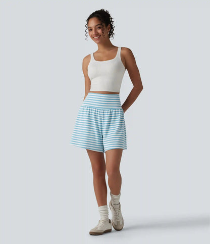 High Waisted 2-in-1 Stripe Waffle Casual Shorts 5'' with Pockets