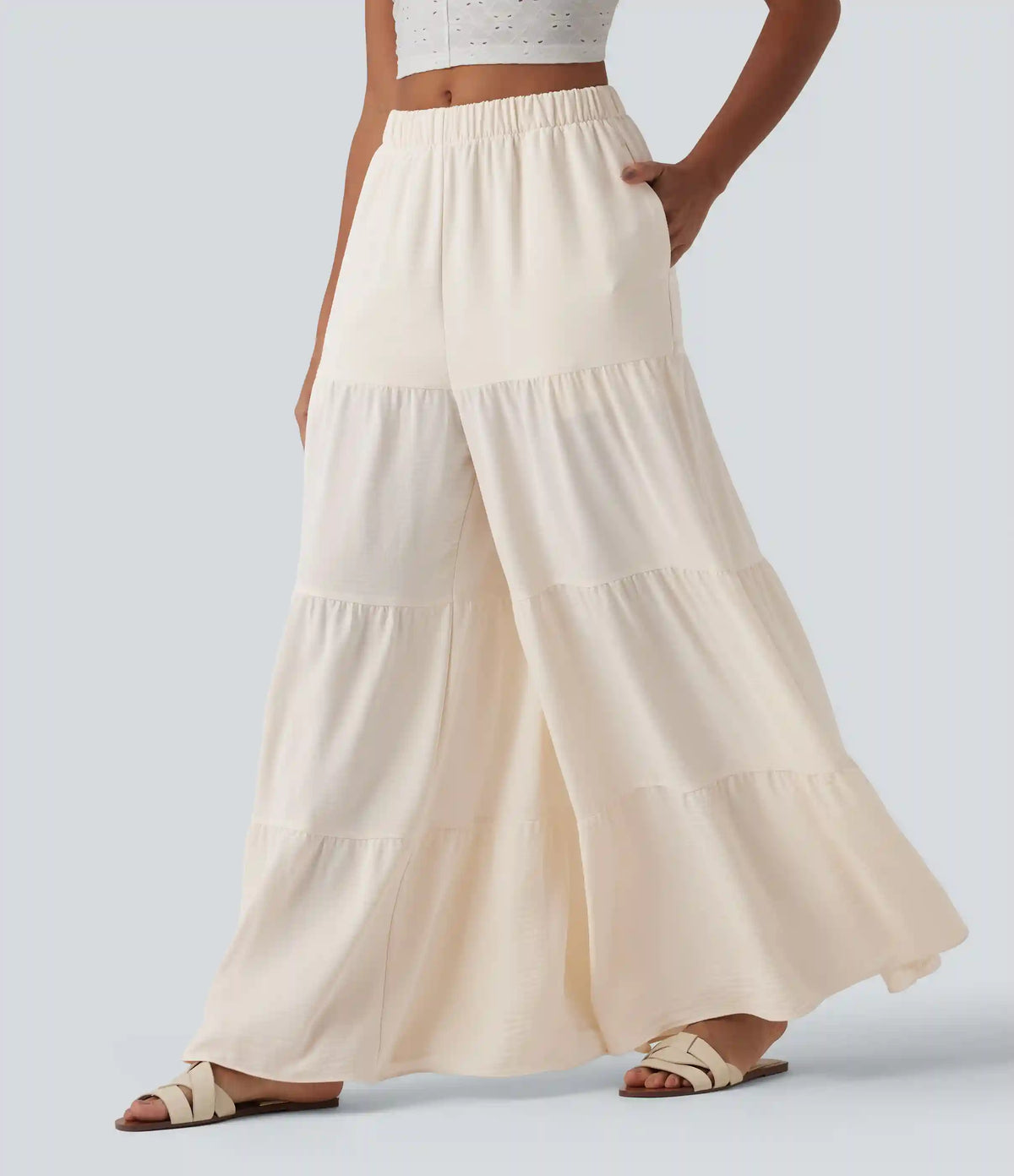 High Waisted Wide Leg Flowy Linen-Feel Pants with Pockets