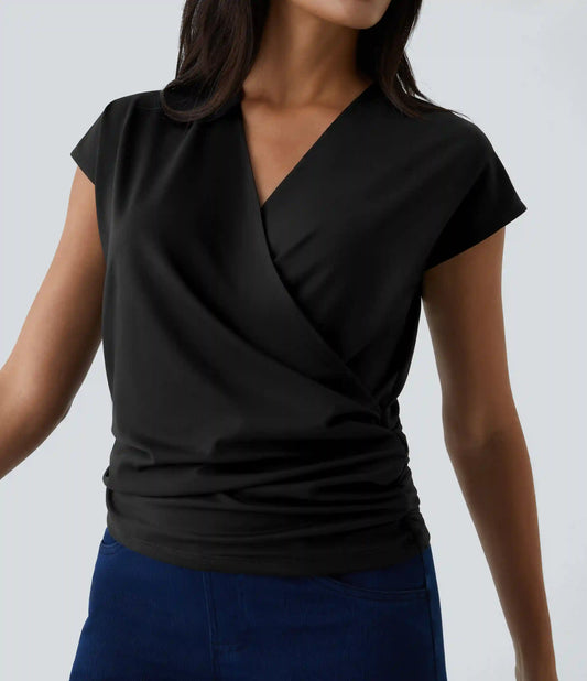 V Neck Cap Sleeve Crossover Ruched Solid Work Blouse
