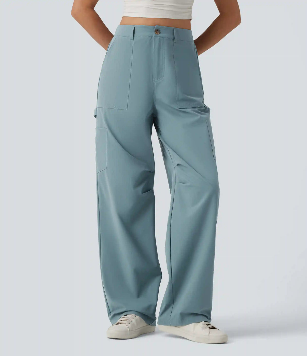 High Waisted Straight Leg Stretchy Poplin Casual Cargo Pants with Pockets
