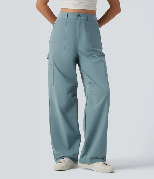 High Waisted Straight Leg Stretchy Poplin Casual Cargo Pants with Pockets