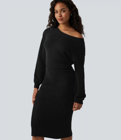 One Shoulder Long Sleeve Midi Casual Sweater Dress