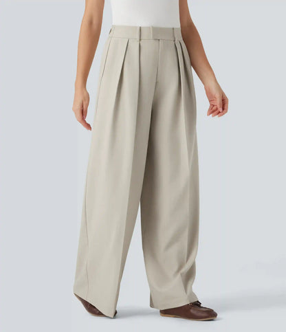 High Waisted Wide Leg Work Linen-Feel Pants with Pockets
