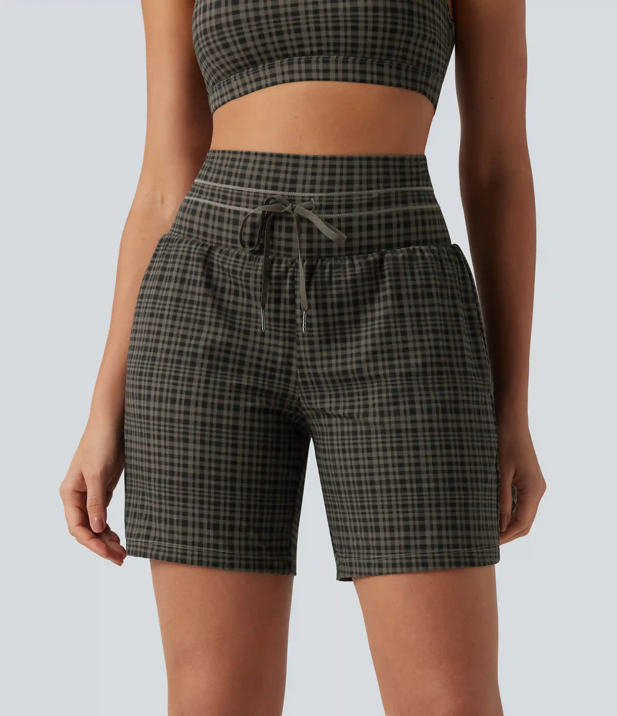 Halara UltraSculpt™ Plaid Ultra High-Waist Drawstring 2-in-1 Yoga Shorts 7" with Pockets