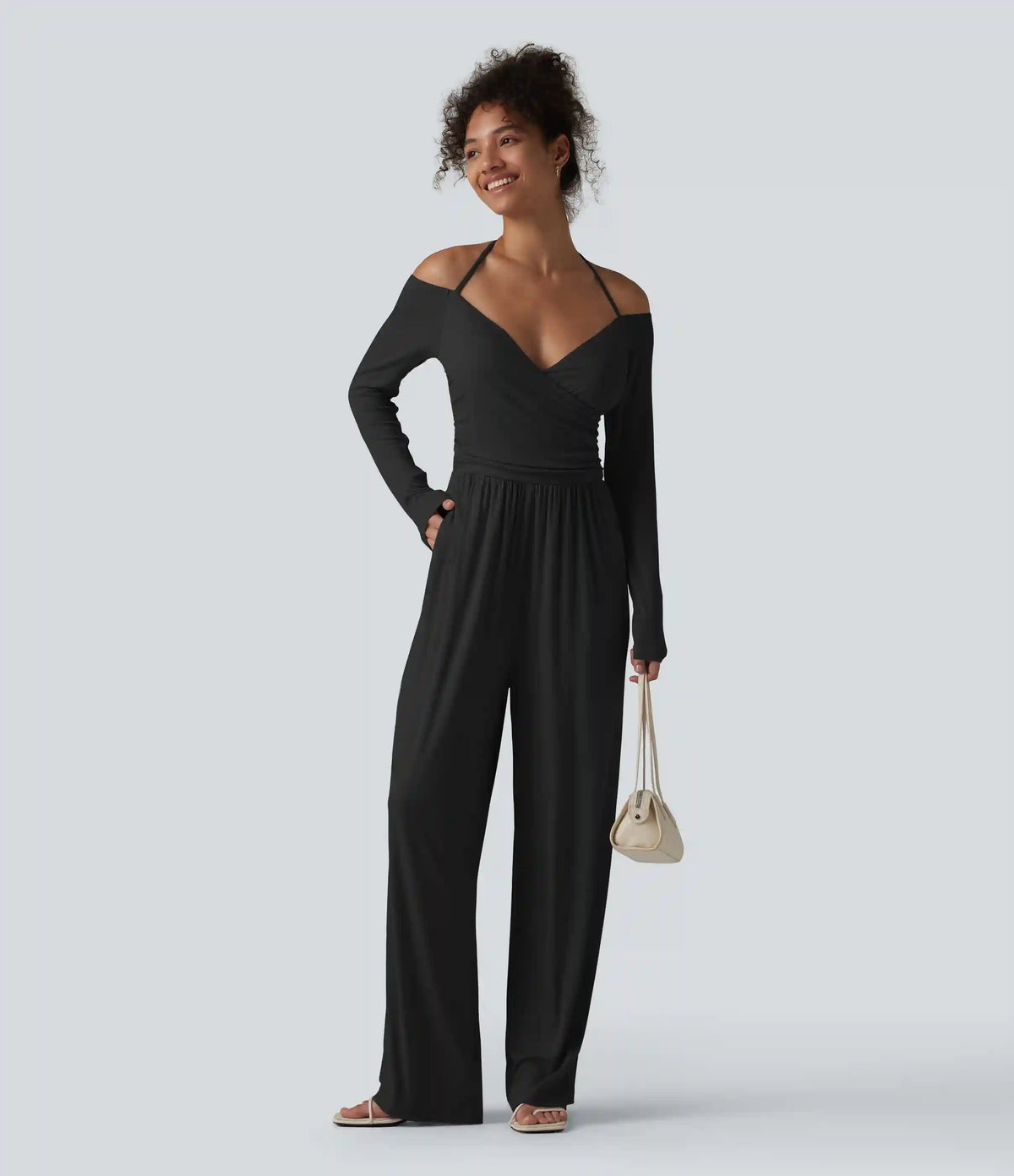 Ribbed Halter Tie Back Off Shoulder Built-in Bra Long Sleeve Casual Jumpsuit with Pockets