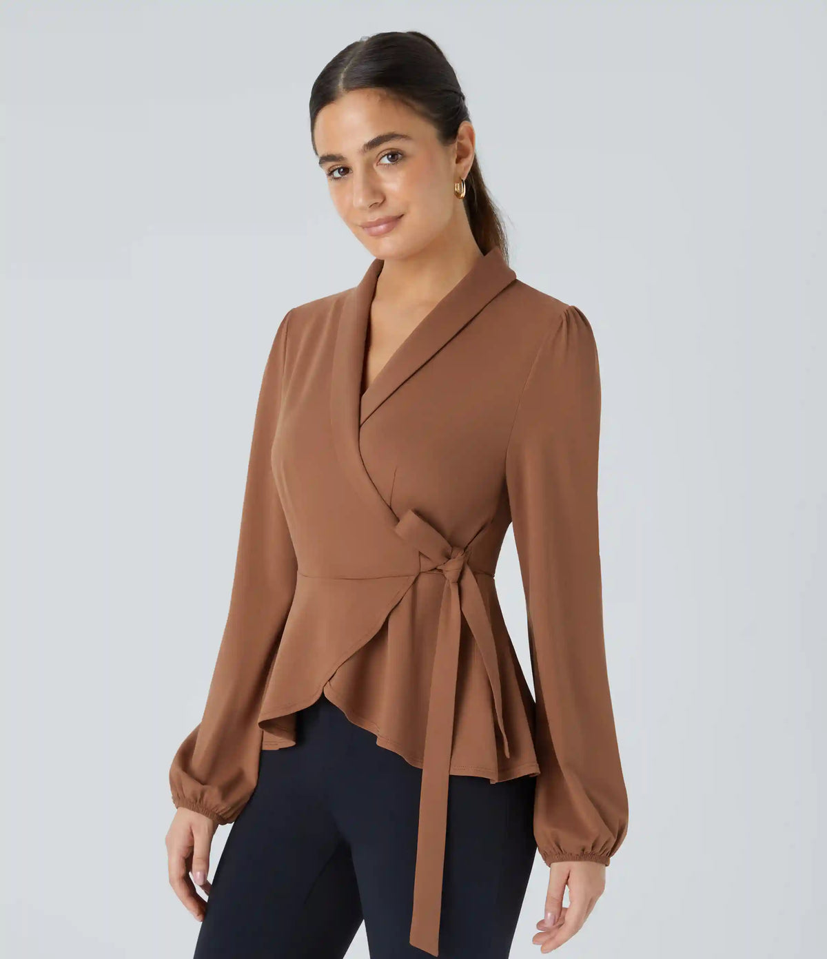 Shawl Collar Wrapped Tie Side Ruffle Hem Work Blouse