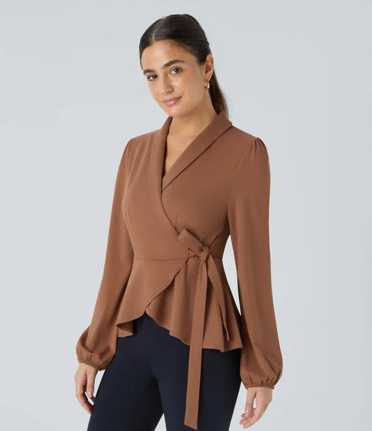 Shawl Collar Wrapped Tie Side Ruffle Hem Work Blouse