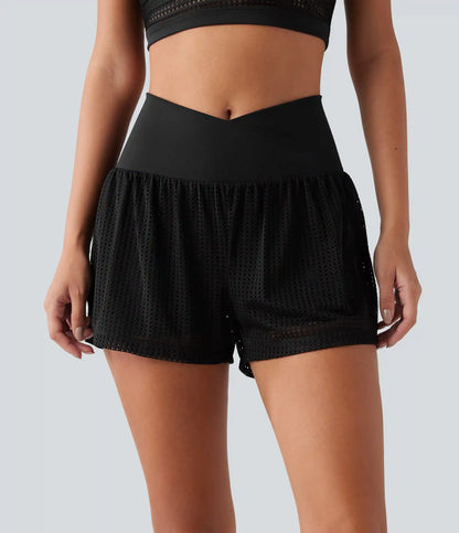 SoftlyZero™ QuickDry Crossover High Waisted 2-in-1 Eyelet Yoga Shorts 3'' with Pockets