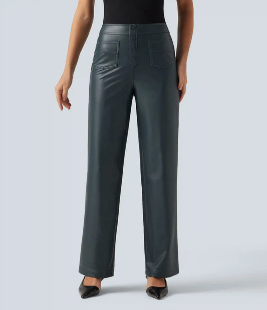 High Waisted Stretchy PU Fleece Straight Leg Casual Leather Pants with Pockets