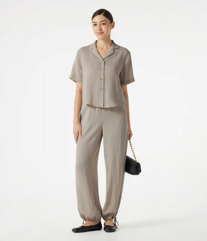 High-waisted Drawstring 2-in-1 Work Linen-Blend Barrel Leg Pants with Pockets