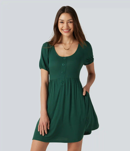 Scoop Neck Short Sleeve Tie Back Mini Casual Dress with Pockets