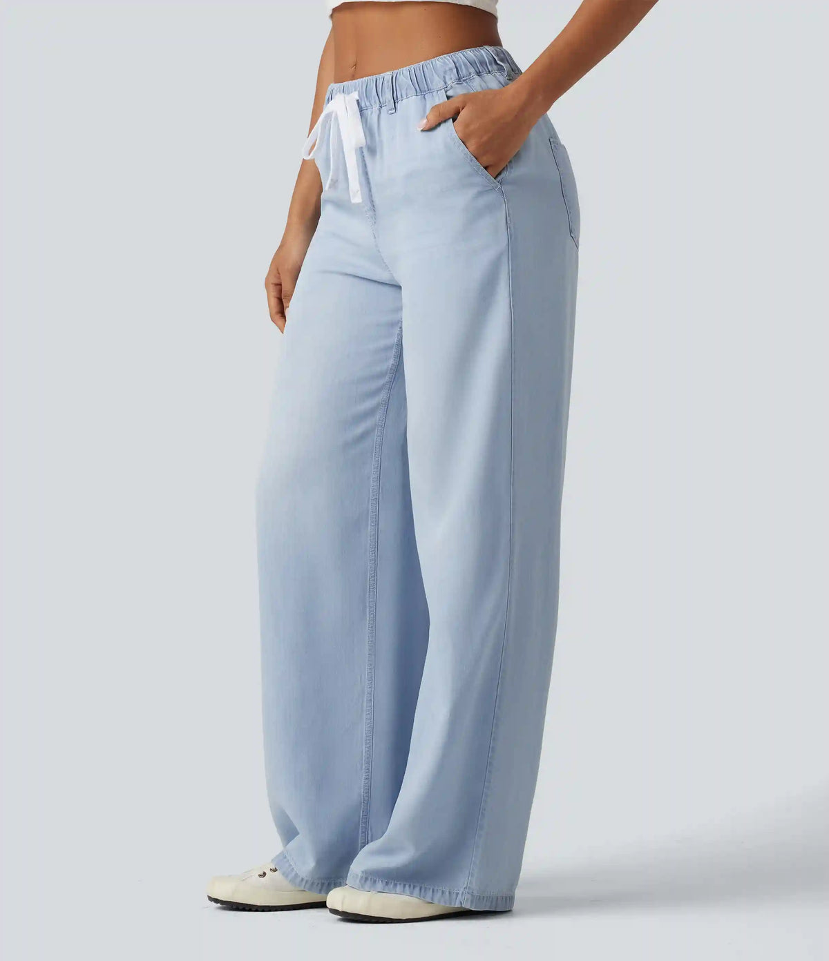Mid Rise Drawstring Casual Jeans with Pockets