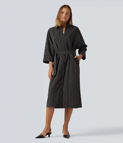 V Neck Long Sleeve Belted Stripe Midi Casual Linen-Feel Shirt Dress with Pockets