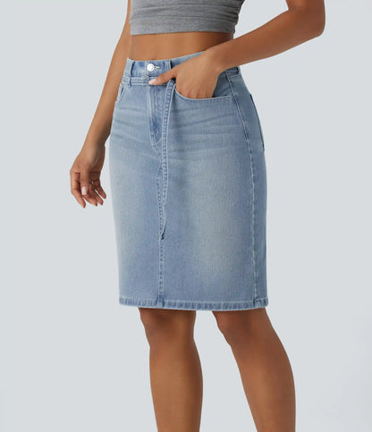 Halara Flex™ Mid Rise Zipper Pockets Washed Denim Midi Casual Skirt