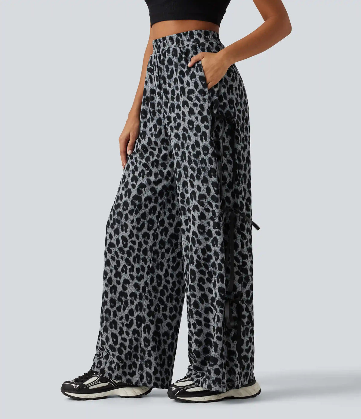 High Waisted Leopard Print Waffle Wide Leg Casual Pants with Pockets