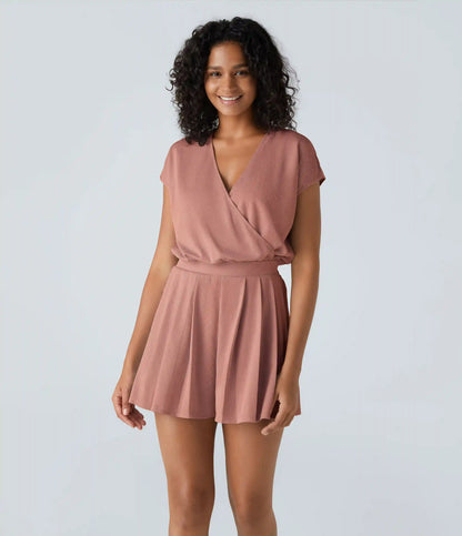 V Neck Short Sleeve Pocket Waffle Casual Romper