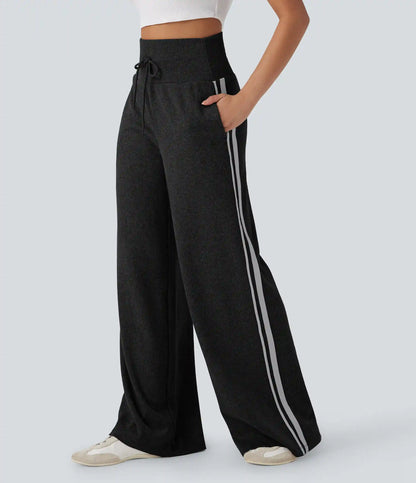 Ribbed High Waisted Tummy Control Drawstring Side Stripe Baggy Casual Pants with Pockets