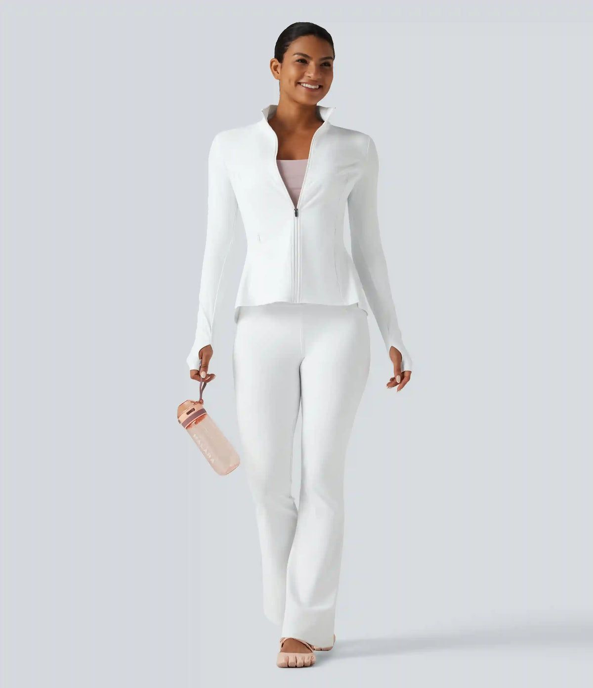 SoftlyZero™ Airy Stand Collar Long Sleeve Thumb Hole Eyelet Ruffle Hem InstantCool Yoga Jacket with Pockets-UPF50+