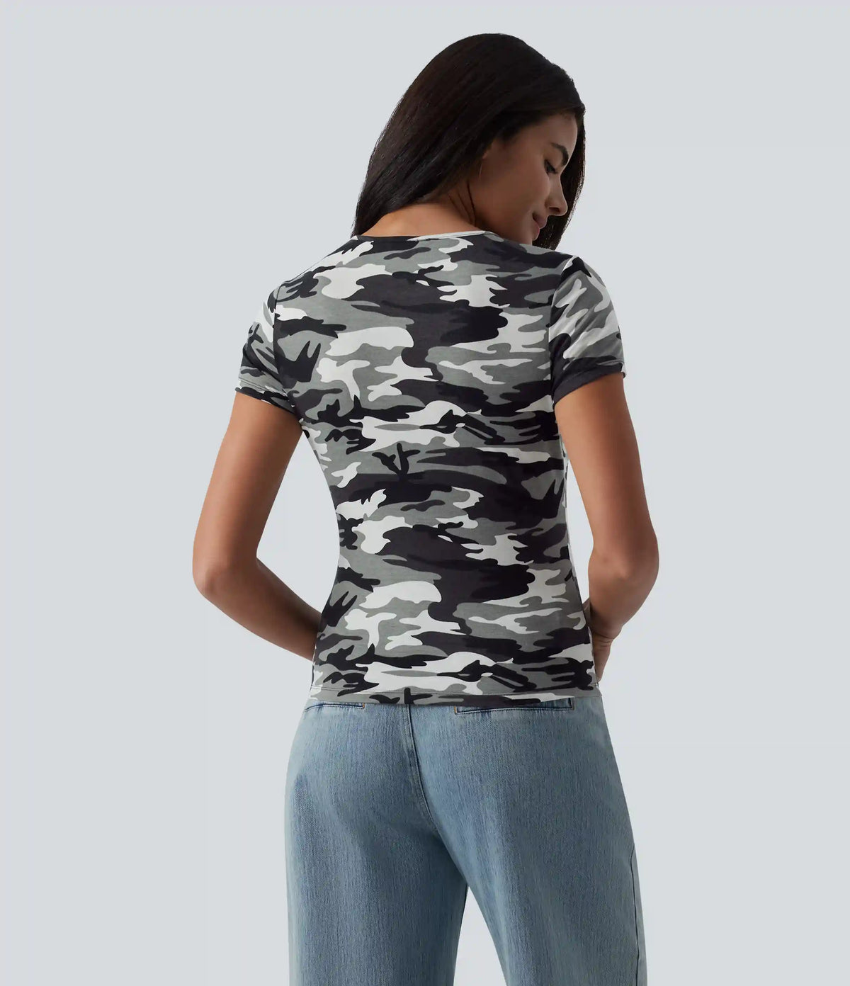 Round Neck Short Sleeve Cut Out Camo Casual T-Shirt