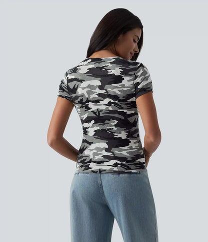 Round Neck Short Sleeve Cut Out Camo Casual T-Shirt