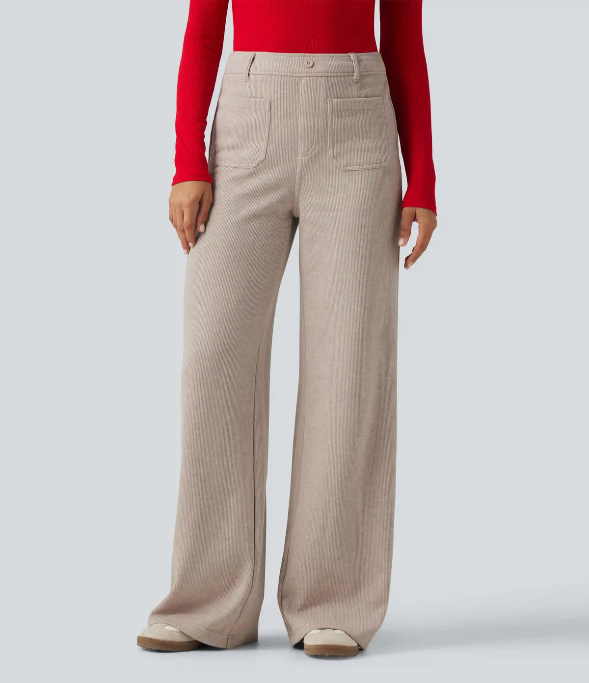 Ribbed High Waisted Tummy Control Wide Leg Casual Pants with Front Pockets