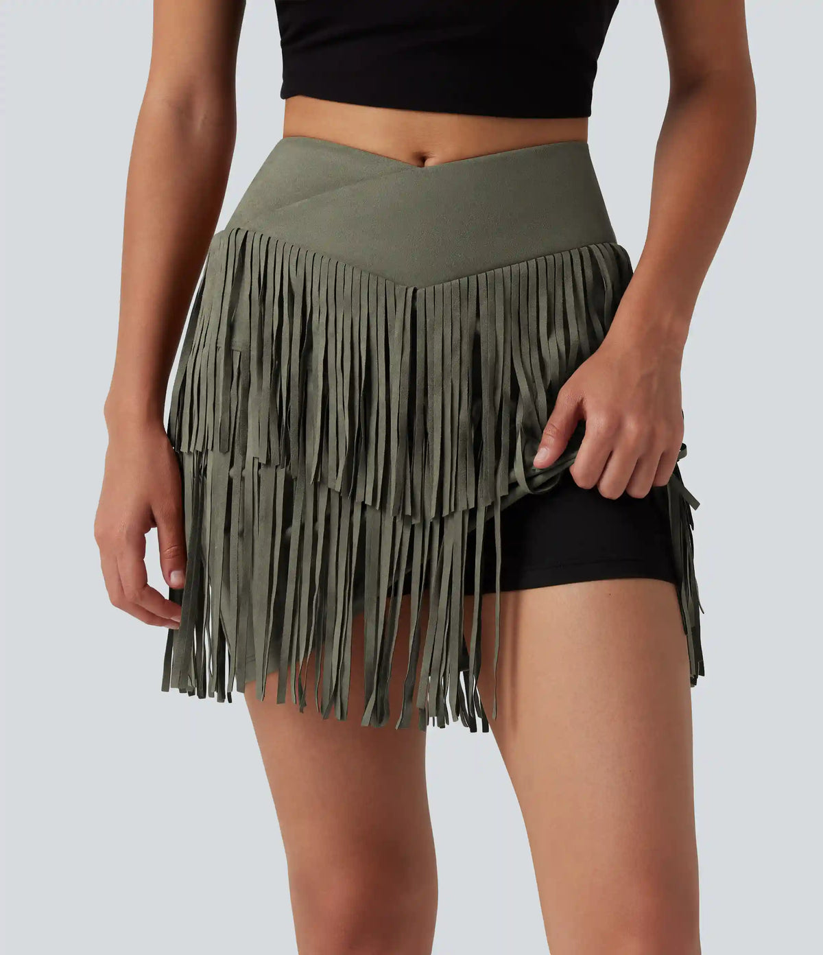 Crossover High Waisted 2-in-1 Fringe Hem Bodycon Mini Suede Party Skirt-Longer Length