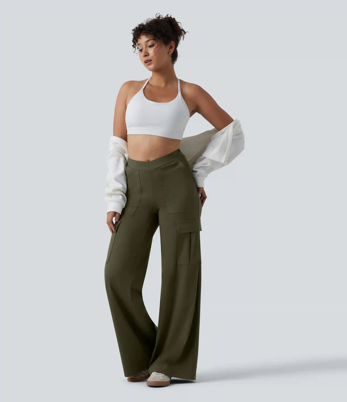 DayStretch V-Shaped High Waisted Wide Leg Casual Cargo Pants with Pockets