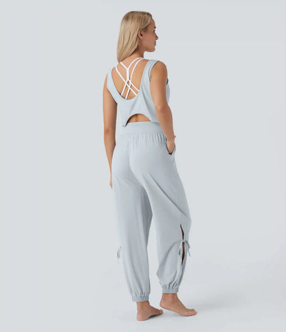 Sleeveless Cut Out Drawstring Pocket InstantCool Yoga Jumpsuit-UPF50+