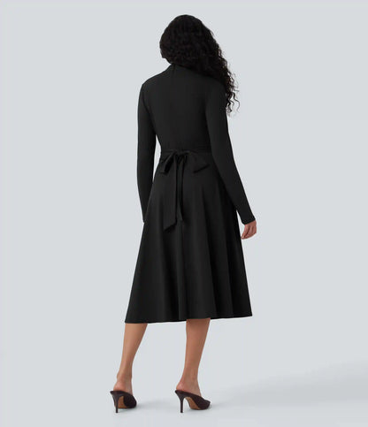 Cut Out Long Sleeve Tie Back Midi Work Dress with Pockets