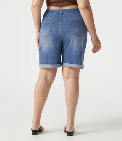 Halara Flex™ High Waisted Multiple Pockets Rolled Hem Washed Stretchy Knit Denim Casual Plus Size Bermuda Shorts