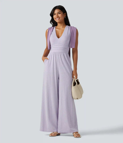 V Neck Sleeveless Built-in Bra Stripe Casual Jumpsuit with Pockets-Easy Peezy Edition