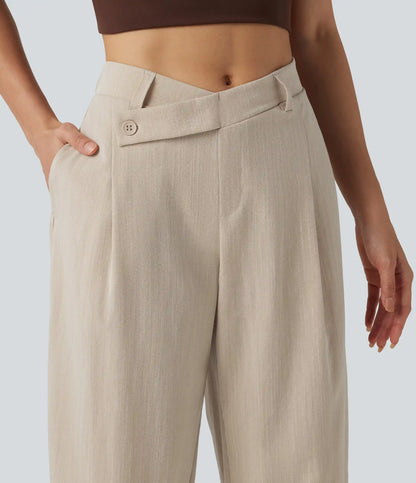 Asymmetric Mid Rise Barrel Leg Work Linen-Feel Pants with Pockets