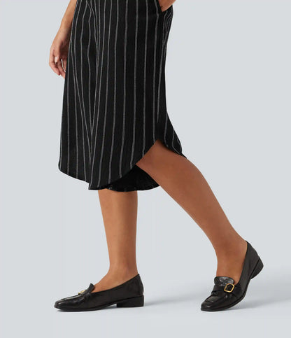 High Waisted Curved Hem Stripe Capri Casual Pants with Pockets