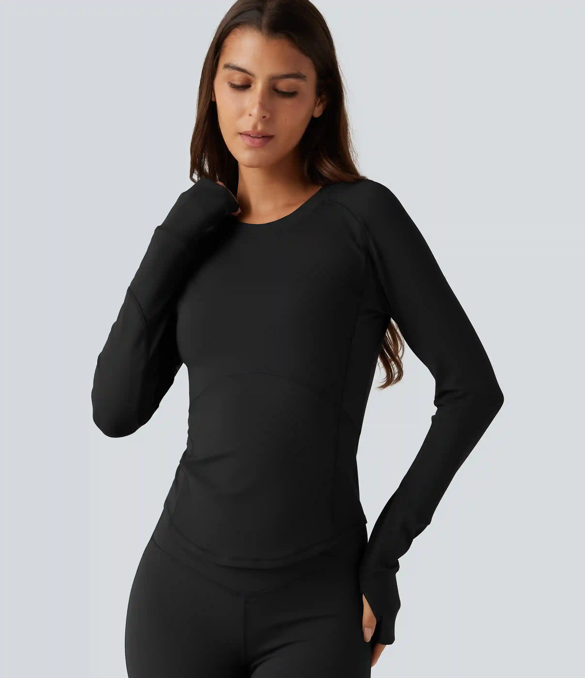 Round Neck Long Sleeve Contrast Mesh Thumb Hole Curved Hem Quick Dry Yoga Sweatshirt
