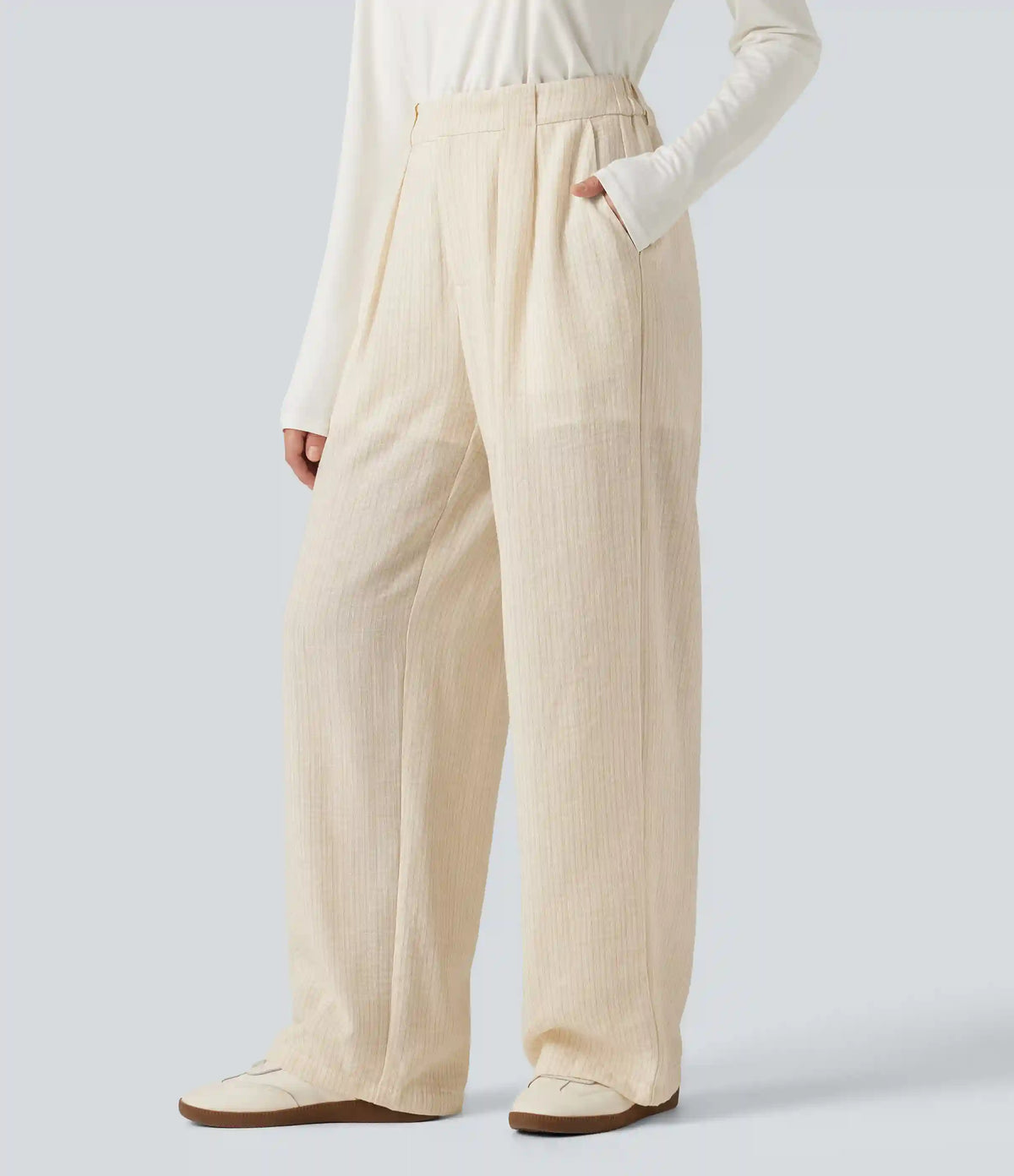 High Waisted Baggy Stripe Casual Linen-Feel Pants with Pockets