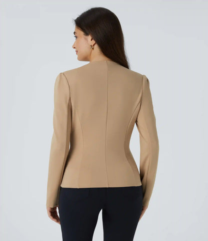 Round Neck Long Sleeve Decorative Button Slim Work Blazer