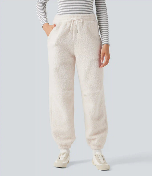 Mid Rise Drawstring Casual Teddy Joggers with Pockets