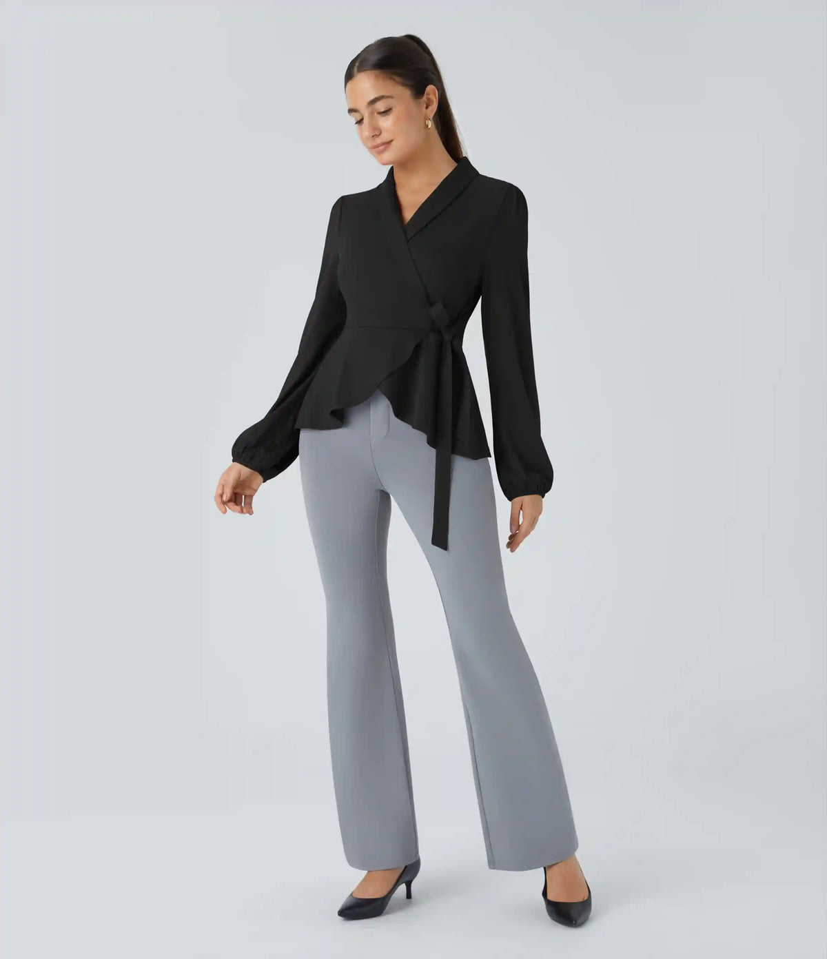 Shawl Collar Wrapped Tie Side Ruffle Hem Work Blouse