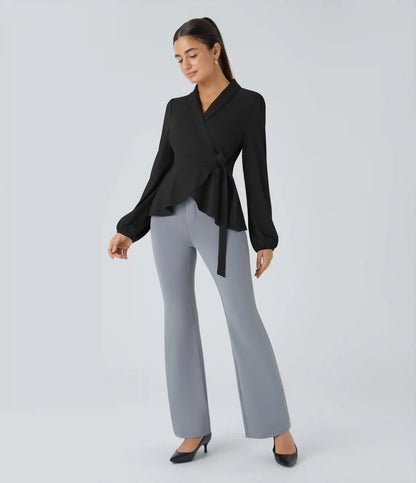 Shawl Collar Wrapped Tie Side Ruffle Hem Work Blouse