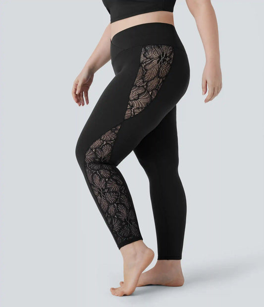 SoftlyZero™ High Waisted Crossover Contrast Lace Pocket Yoga 7/8 Plus Size Leggings