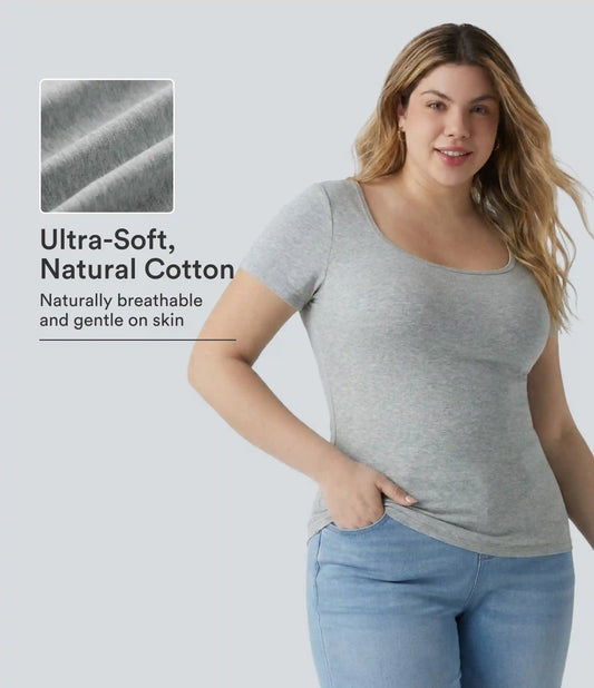 Halara Cotton Jersey Square Neck Short Sleeve Ultra-slim Heathered Casual Plus Size T-Shirt