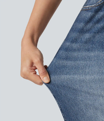 High Waisted Denim Print French Terry Casual Sweatpants Jeans with Pockets