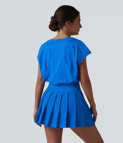 V-neck Invisible Zipper Short Sleeve Pleated Hem 2-in-1 Mini Tennis Active Dress with Pockets