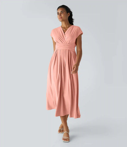 Breezeful™ V Neck Short Sleeve Pocket Tie Back Quick Dry Midi Casual Dress-Longer Length