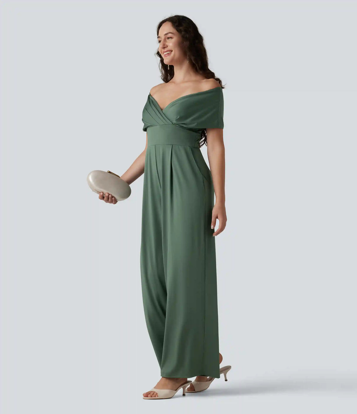 Off Shoulder Short Sleeve Built-in Bra Casual Jumpsuit with Pockets-Easy Peezy Edition