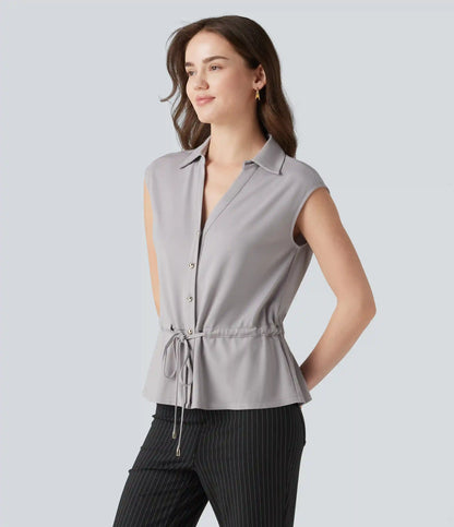 V-neck Sleeveless Button Fly Drawstring Work Shirt