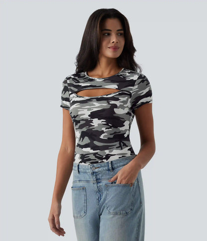 Round Neck Short Sleeve Cut Out Camo Casual T-Shirt