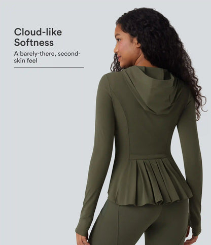 SoftlyZero™ Hooded Long Sleeve Thumb Hole Pleated Jacket with Pockets