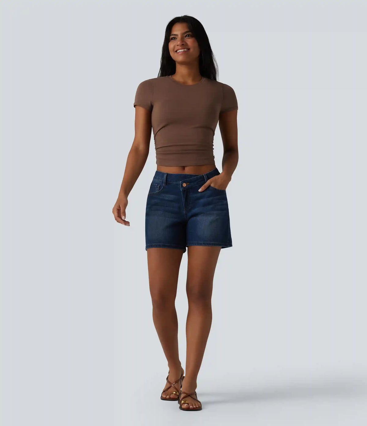 Halara Cotton Jersey Round Neck Short Sleeve Ruched Built-in Bra Casual T-Shirt