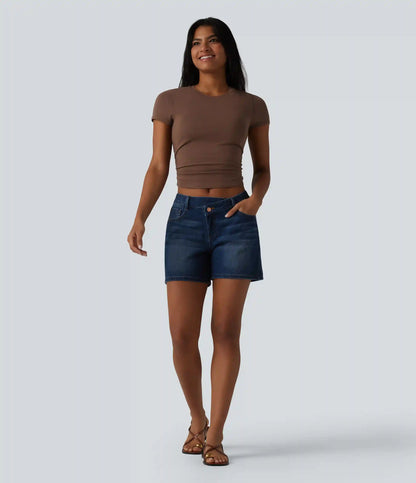 Halara Cotton Jersey Round Neck Short Sleeve Ruched Built-in Bra Casual T-Shirt